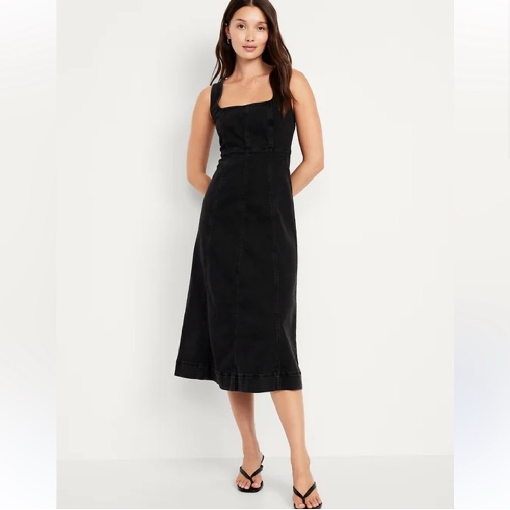 Old Navy Black Denim Midi Dress | Fit & Flare | XS | Classic Closet Staple